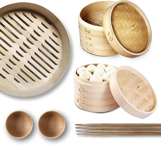 Bamboo Steamer Handmade Basket with Lid 10 Inches 2-Layer Steaming Basket