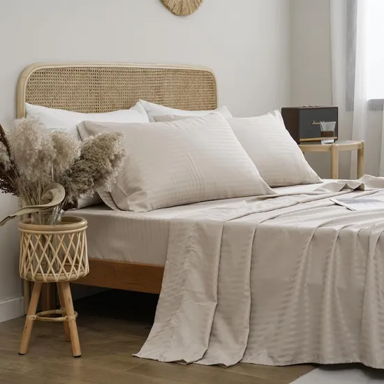 100% Microfiber 4 Pieces 1cm Striped Sheets Set Queen Size Ultra Soft Beige Stripe Design Bed Sheets