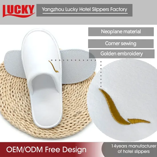 Cheap Custom Golden Embroidery Corner Sewing Neoplane Materials Hotel Disposable Slippers Velour Velvet Fabric Hotel Amenities