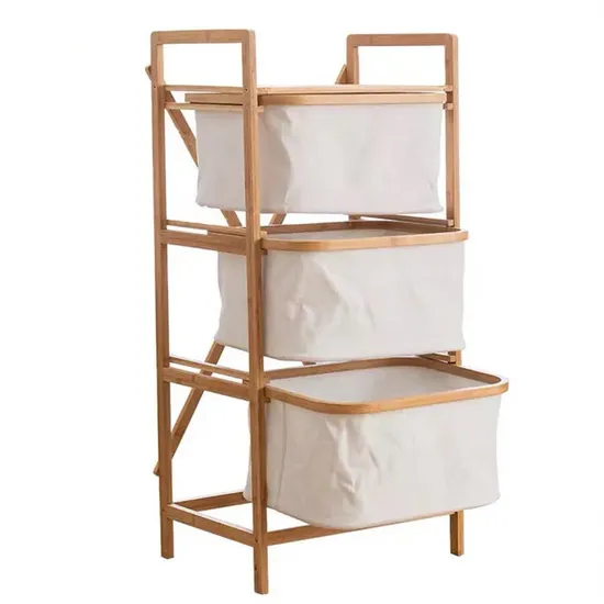 3 Tier Bamboo Wooden Removable Fabric Storage Laundry Basket Hamper Shelf for Bathroom Living Room Bedroom