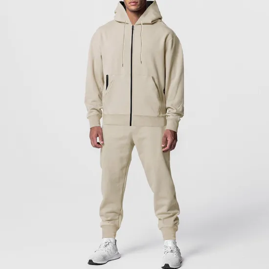 Solid Color Classic Men′s Leisure Gym Wear Zipper Sweatshirt and Joggers Two Piece Outfit