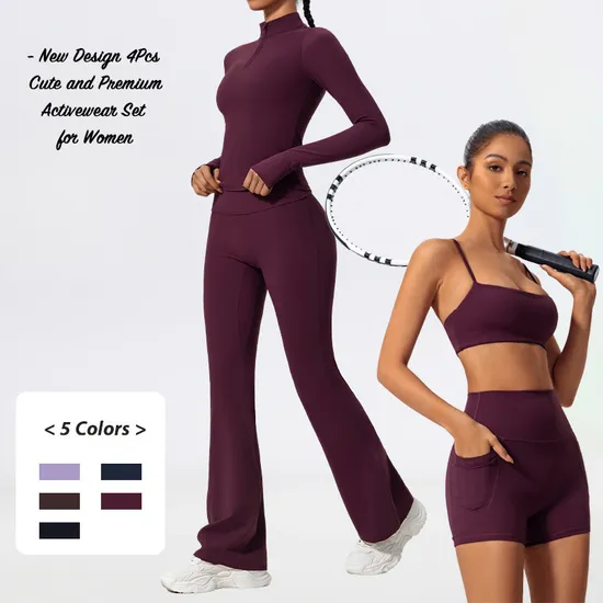 Tianchen Custom Logo Custom 4PCS High Quality Breathable Workout Set Gym Wear for Women, Sports Bra + Fitness Pullover + Running Shorts + Flare Yoga Pants