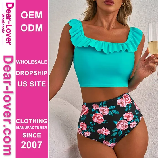 Dear-Lover Wholesale Fashion Solid Ruffled Square Neck Swim Top and Floral Shorts Bikini Set