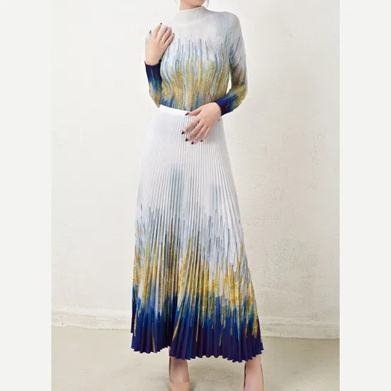 Factory Customized High-End Pleated Thin Slim Fit Long-Sleeved Printed T-Shirt High Waist Ban′shen Skirt Suit