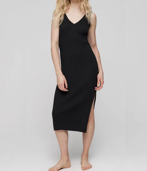 Cotton Cashmere Blended Front to Back Side V Neck Straight Side Slit Rib Sleeveless Sweater MIDI Dress