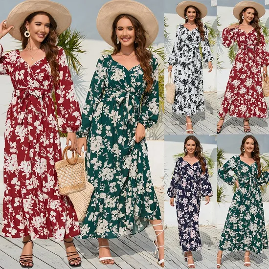 Women′s Lantern Sleeve Floral Pullover High-Waisted Long Dress for Autumn and Spring
