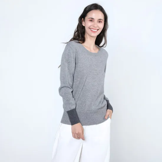 Ladies Fashion Two Tone Classic Round Neck Cashmere Pullover Sweater