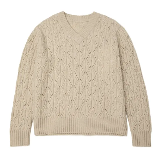 Classical Knitting Pointelle Stitch Pullover Soft Overlap V Neck Knitwear Pure 100% Cashmere Women Sweater