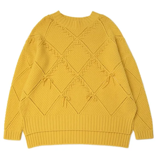 Pure Cashmere Sweater Handmade Knitting Pointelle Pullover Stylish Crochet Rhombus Grid Knitwear