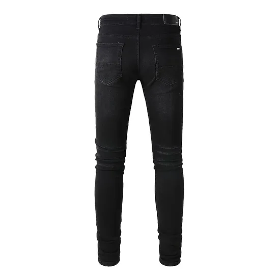 Wholesale Black Patch Ripped Denim Jeans Zipper Skinny Men′s Clothing Casual Patched Distressed Damage Stacked Jeans