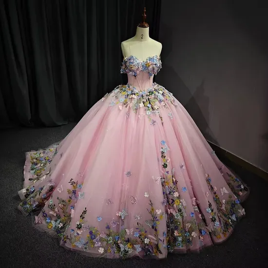 Customized Girls 3D Flower Evening Party Ball Gowns Wedding Dresses with Train