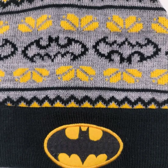 DC Batman Cap Winter Acrylic 3-Color Jacquard 4-Corner Knitted Hat with Yarn Pompom