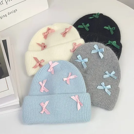 2025 New Arrival Autumn and Winter Cute Sweet Bow Rabbit Hair Beanie Hat Korean Version of Warm Knitted Ear Protection Cold Hat