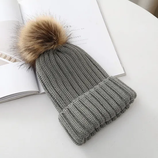 Winter Knitted Hats Removable POM Thick Women Bobble Hat Faux Fur Ball POM POM Cap Acrylic Luxury Beanie Hat with Custom Logo