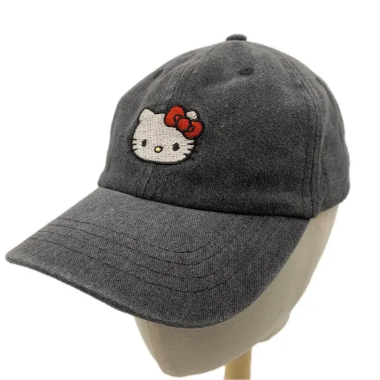 Girls 100% Cotton Black Hat Washed Hello Kitty Cartoon Character Embroidery 6 Panels Baseball Cap