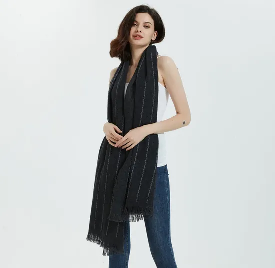 Women′ S Long Shawl-Fashion Stripe & Fringe 100% Pure Sustainable Cashmere Scarf