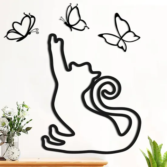 Cat Play with Butterfly Black Wire Metal Art Wall Decor