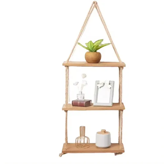 Wooden Organizer Rack with Rope Floating Wall Swing Storage Shelves 3 Tier Customized Wood Hanging Shelves