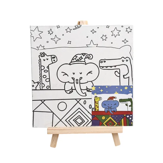 Idocraft 6 Inch Acrylic Paint Canvas Set, 1 Pre Printed Coloring Panel with a Wooden Easel, 6 Colors and a Brush for Paint Beginners or Art Lovers.