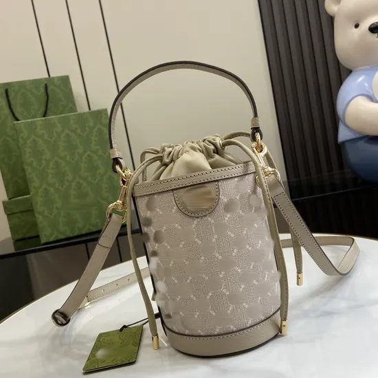 Women′s Mini Bucket Bag Gold Hardware Logo Beige and White Canvas with Oatmeal Leather Shoulder Handle Crossbody Bag