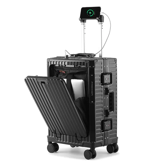 Carry on Luxury Suitcase 20 Inch PC Alloy Aluminium Frame Front Open Hand Luggage with Cup Holder and USB Charger