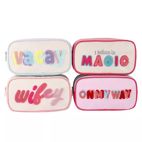 Chenille Lettera Bag Embroidered Leather Makeup Bag Waterproof Portable Toiletry Storage Bag