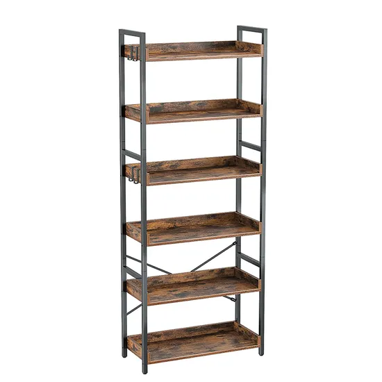 Modern Wholesale Classical Wooden Metal Heavy Duty 5-Tier Storage Shelf Ladder Bookshelf Vintage Industrial Unit Display Stand Black Frame Walnut Bookcase