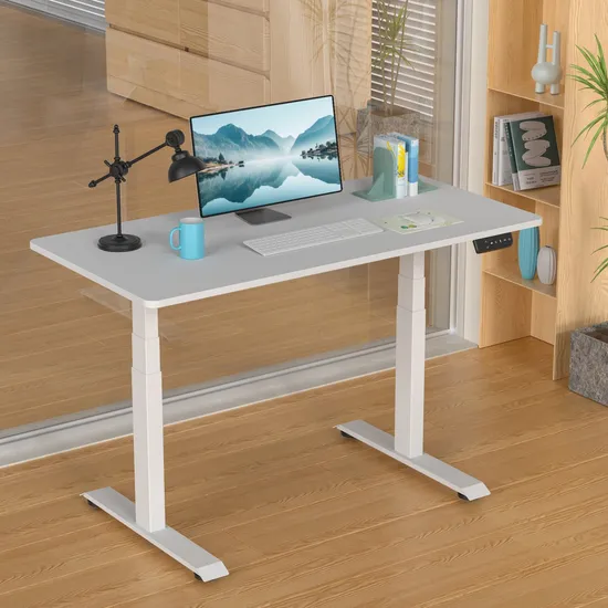 3 Stages Dual Motor Easy Install Ergonomic White Woodden Laptop Table Electric Height Adjustable Sit Standing Executive Office Computer Gaming Desk