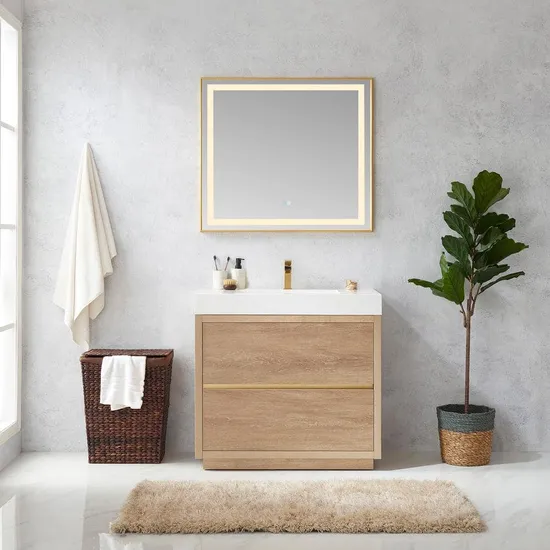 Modern Home Furniture Wooden Freestanding Bathroom Vanity Unit in North American Oak with White Composite Integral Sink and Top Chest of Drawers Cabinet