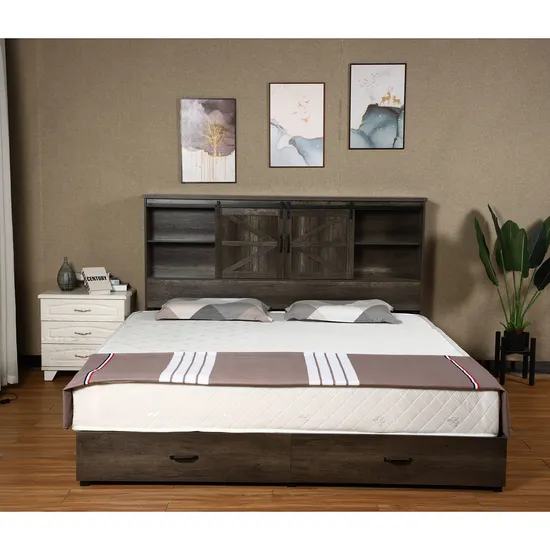 Queen Wooden Platform Storage Bed with Bookcase Headboard, 2 Drawers, Charging Station