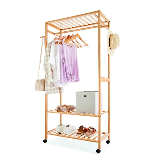 Multifunctional Bamboo Coat Hanger Clothing Wardrobe Clothes Hanging Display Storage Cabinet