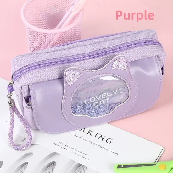 Purple Canvas Pencil Bag Colourful Large Storage Pencil Case Pen Bag with Zipper Big Capacity Pouch Organizer