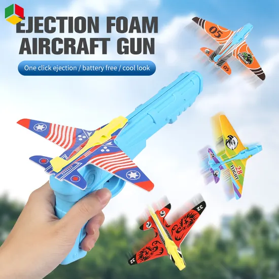 QS Amazon Hot Selling EVA Foam Aircraft Kids Outdoor Shooting Gun Toys Catapult Plane Launcher Guns Flying Toys