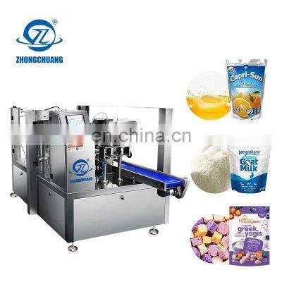 Auto Rotary Packaging Dairy Products Milk Powder Cheese Bar Freeze Dried Yogurt Fruit Cube Snack Juice Filling Doypack Machine