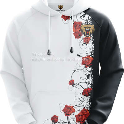Customized Sublimation Hoodie of White and Black Colors with Red Rose Pattern