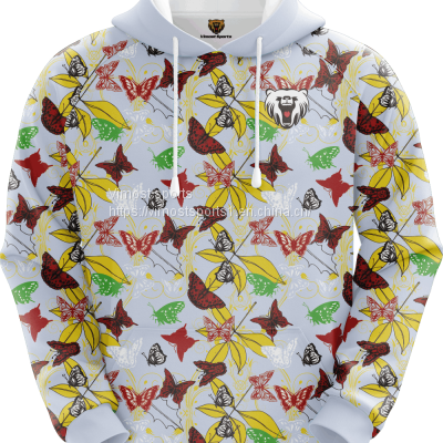 White Customized Sublimation Hoodie with Butterfly and Leaves Pattern