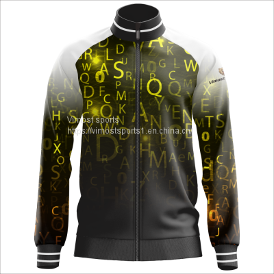 Black and White Custom Sublimation Jacket of Many Letters Pattern with Black Zipper