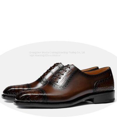 Three-Joint Men's Leather Shoes Business Leather High-End Men's Shoes British Style Brown Brogue Oxford Shoes Crocodile Square Head