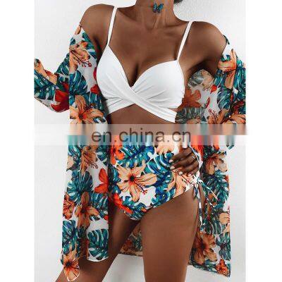 2022 New Sexy Three Pieces Bikini Set Cover Up Swimwear Women Swimsuit Print Long Sleeve Bathing Suit Beachwear Women Bikinis