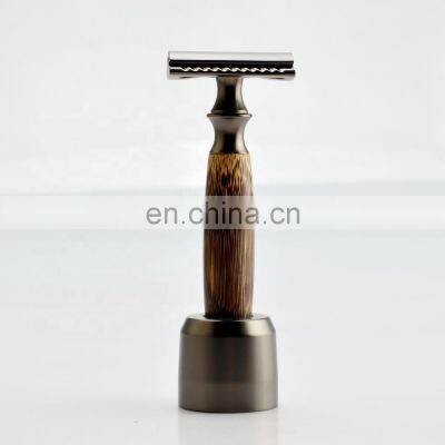 Foshan Professional Traditional Black Chrome Bamboo Wooden Ladies Shaving Double Edge Safety Razor With Engraving Logo