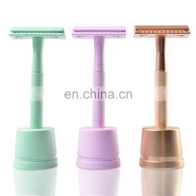 Ready to ship Private Label Aluminum Reusable Shaving Safety Razor Holder and Stand Set