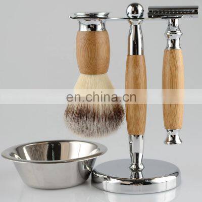 High Quality Men Bamboo Razor Best Gift Metal Traditional Double Edge Blades Shaver Razor Bowl Brush Holder Set
