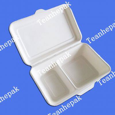 1000ml double grid lunch box 9 * 6 degradable environmental protection lunch box take out pulp bagasse lunch box disposable lunch box single double grid salad box