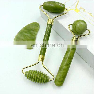 Natural black obsidian green white jade roller gua sha set face massage jade roller