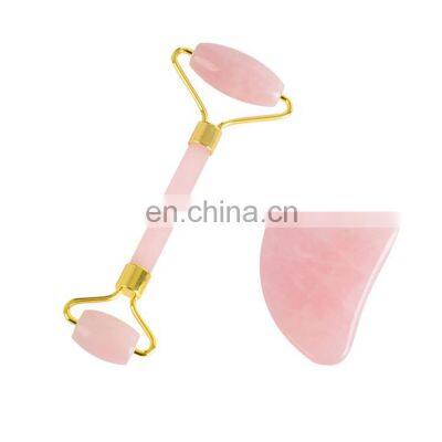 100% Natural Jade Stone Rose Quartz Face Massage Roller Kit For Women Gua Sha Set