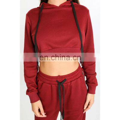 Top selling high sold Women's Burgundy workout track suits Fleece custom gym crop top hoodie