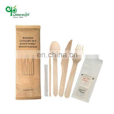 Eco Friendly Disposable Wooden Restaurant Bamboo Spoon Knife Fork Disposable Set Biodegradable Wooden Cutlery Set