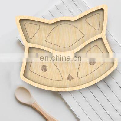 Wholesale custom printed child bamboo plates fox baby kids dish wooden animal feeding sets cutlery dinner food