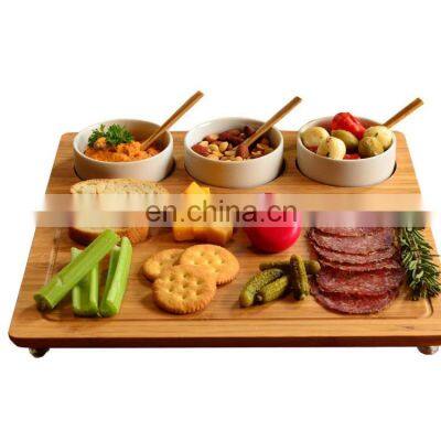 100% Organic Bamboo Rectangle Cheese board Set 3 Ceramic Bowls Cheese Tray