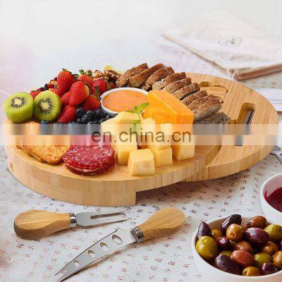 Unique Design Kitchen Bamboo Cheese Cutting Board Set With Cutlery Drawer